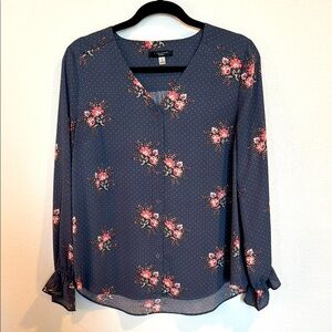 T Tahari Grey(blue) and Pink Floral V-Neck Blouse - PL